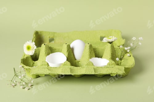 Preview: Concept of spring, eggs with flowers on green background
