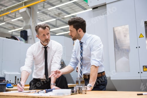 Preview: Two businessmen at table in factory shop floor discussing