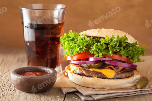 Preview: bacon cheese burger with pickles tomato onion