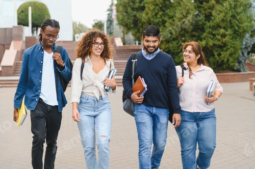 Preview: Diverse students walking on campus holding books