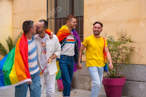 Preview: Lgbt concept, gay men friends having fun at gay pride party, diversity of young people in the city