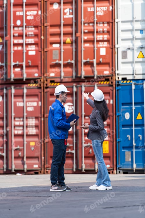 Preview: Container manufacturing manager and businesswomen survey the area to plan the storage