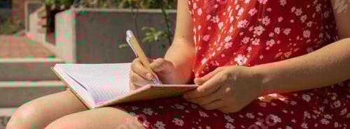 Preview: Unrecognizable Young woman in red dress Writing Gratitude Journal on wooden bench. Today I am