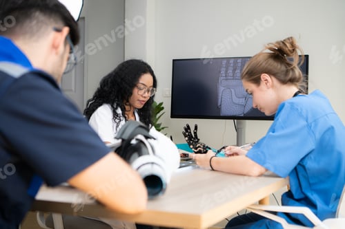 Preview: Engineers, doctors and physical therapists brainstorm ideas to design a robot with arm and hand