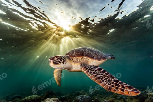 Preview: Rare green sea turtle (Chelonia Mydas), swimming in open ocean, Moalboal, Cebu, Philippines