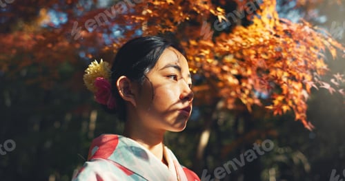 Preview: Walking, thinking or Asian girl in nature for journey on holiday, vacation for freedom or wellness.