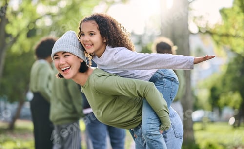 Preview: Mother, piggy back and interracial family fun of a girl and mom together in nature. Park, happy sum