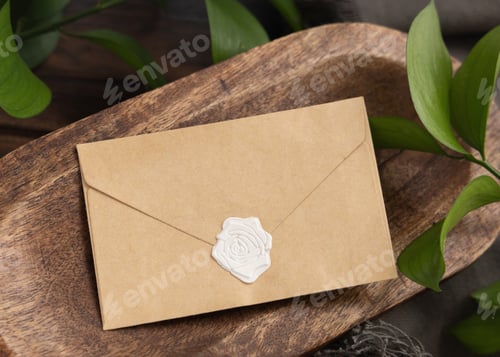 Preview: Sealed envelope mockup on brown wooden tray near green leaves and grey fabric top view