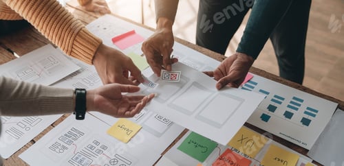 Preview: Close up ux developer and ui designer brainstorming about mobile app interface wireframe design on