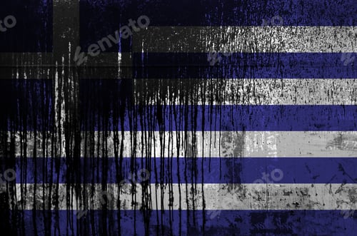 Preview: Greece flag depicted in paint colors on old and dirty oil barrel wall close up