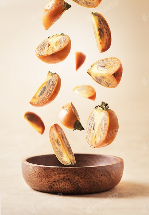 Preview: Collection of falling persimmon in a wooden bowl on a beige pastel background.
