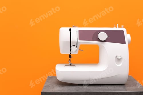 Preview: Modern sewing machine on table against color background