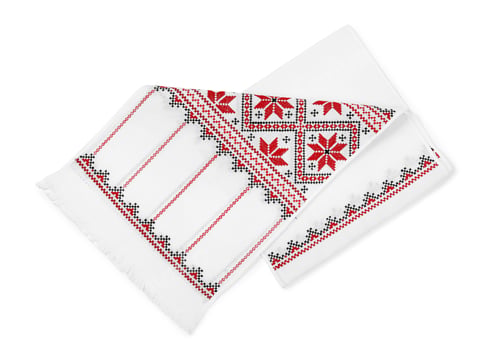 Preview: Beautiful rushnyk on white background, top view. Ukrainian national embroidery