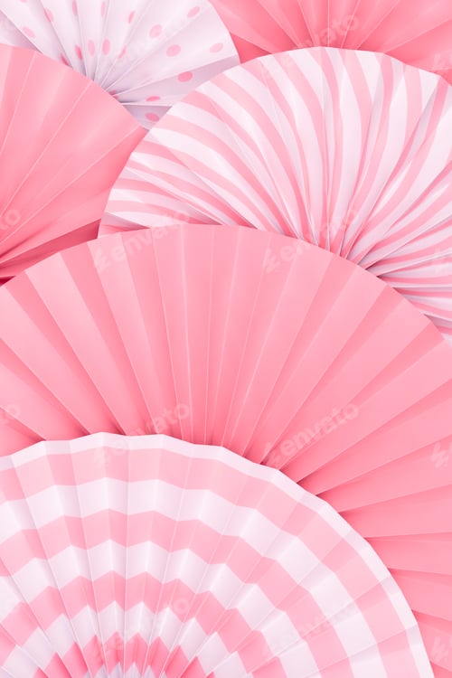 Preview: Background of decorative pink paper fans with various ornaments