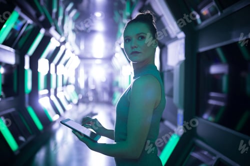 Preview: Woman in fitted grey dress holding tablet and scanning illuminated panels in spacecraft corridor