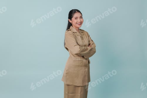 Preview: Smiling Woman in Formal Attire Against Blue Background