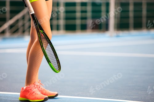 Preview: Legs of young girl in a closed tennis court with racket