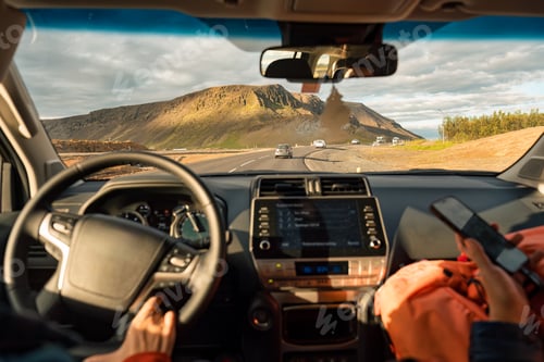 Preview: Group tourist driving car on highway among volcanic mountain in summer at Iceland