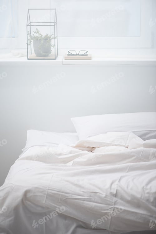 Preview: bedroom with pillow and white blanket on cozy bed, plant and glasses