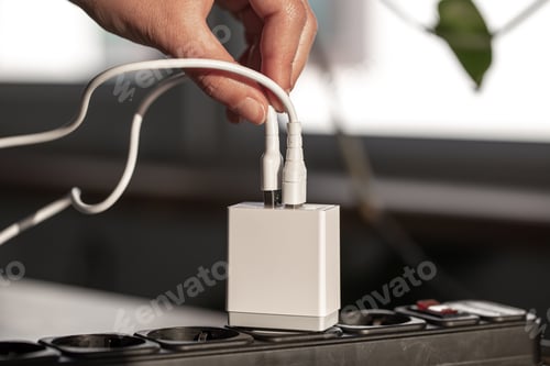 Preview: White USB charging for gadgets on a blurred background of the room, close-up.