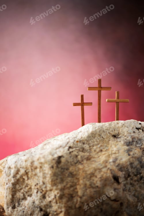 Preview: Crucifixion, resurrection of Jesus Christ. Three crosses against red sky on Calvary hill background