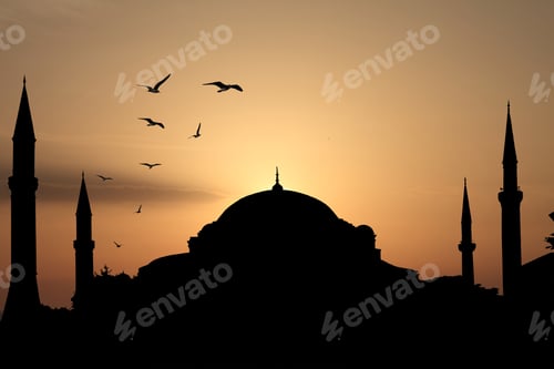 Preview: Blue mosque silhouette against sunset. Istanbul, Turkey