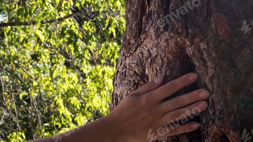 Preview: Landscape with a bright sun. Motion. A sliding hand on a thick tree with a green background at the