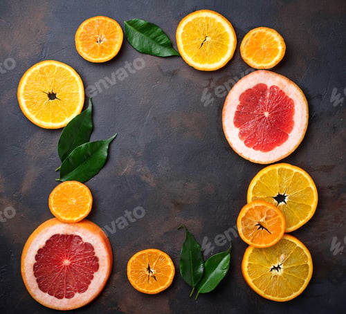 Preview: Different sliced citrus on dark concrete background