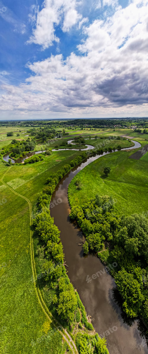 Preview: Panoramic Image of Curvy Nida River at Spring, Poland. Drone View