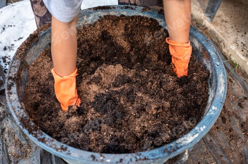 Preview: Farmer hand shoveling compost from manure, plant, and soil in bucket