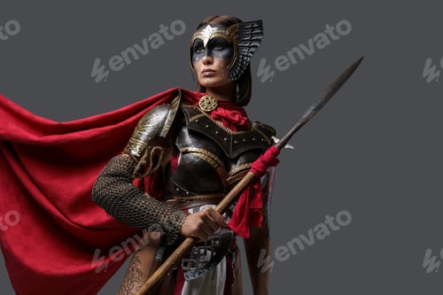 Preview: Brown haired woman wielding spear against grey background