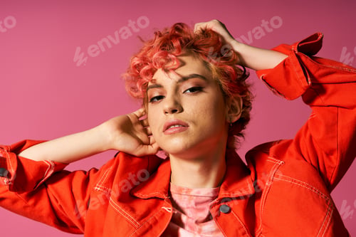 Preview: Pink-haired Rebel in Red: A Vibrant Contrast