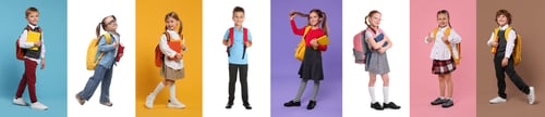 Preview: Children with backpacks on different colors backgrounds. Back to school