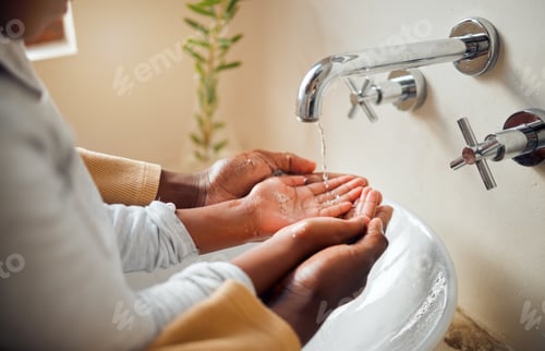 Preview: Cleaning hands zoom, people and skincare with hygiene in bathroom, disinfection and self care with