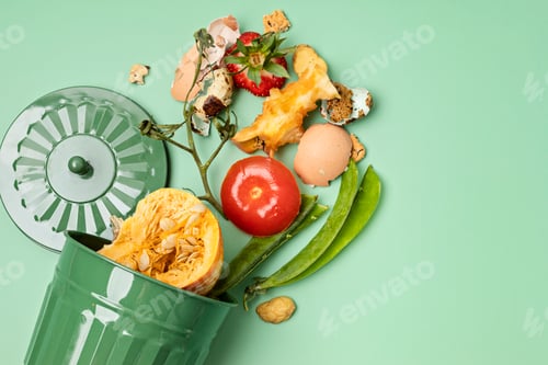 Preview: Green compost bin and kitchen leftovers. Recycling scarps, sustainable lifestyle