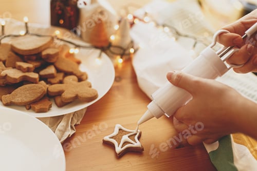 Preview: Decorating gingerbread cookies with icing on rustic table. Christmas holiday tradition and advent