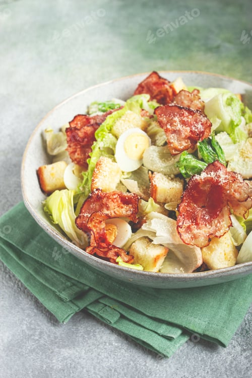 Preview: caesar salad with fried bacon, quail eggs, homemade, no people,