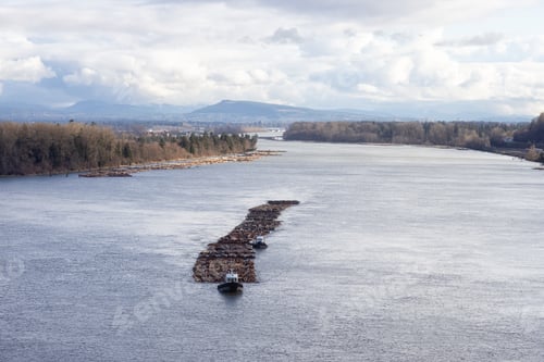 Preview: Aerial View of Tugboat in Fraser River and Mountain Landscape