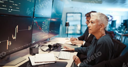 Preview: Woman, computer and screen for trading with graphs, stock market increase and review financial grow
