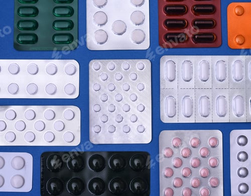 Preview: Background of tablets. Tablets close-up on a blue background. top view