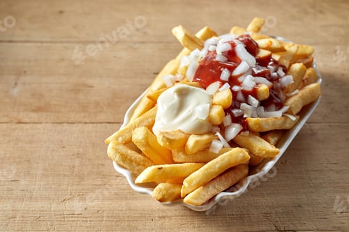 Preview: Delicious fries with mayo and ketchup in ceramic bowl
