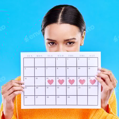Preview: Calendar, heart and woman on blue background for period schedule, planning and menstruation in stud