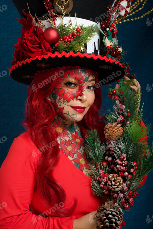 Preview: Portrait of woman with beautiful Christmas makeup, wearing huge hat with Christmas decorations.