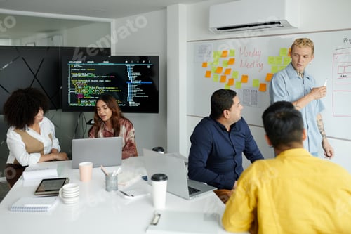 Preview: Team of developers gathered to discuss ideas for mobile application development