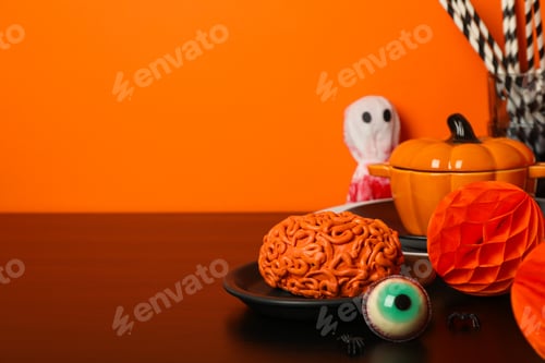 Preview: Table setting for Halloween, scary decorations with pumpkins