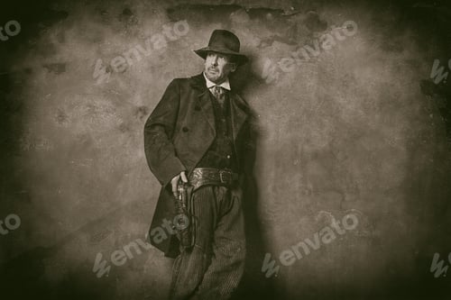 Preview: Classic Wet Plate Photo Of Mysterious Vintage 1900 Western Man Standing Against Wall.