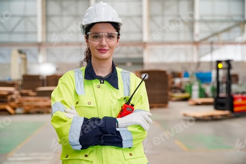 Preview: Group of smiling worker standing together at logistic distribution warehouse, Teamwork concept