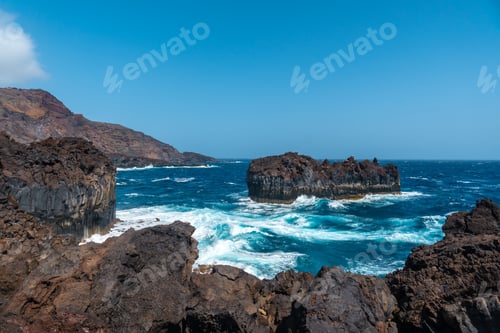 Preview: Roque de Las Gaviotas seen the volcanic trail in the village of Tamaduste on the island of El Hierro