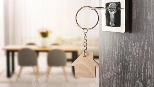 Preview: Mortgage. Door with key open into room, space for text. Banner design