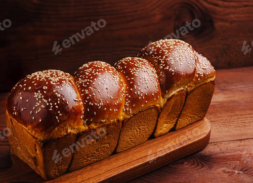 Preview: Freshly baked sesame topped bread loaf on a wooden board